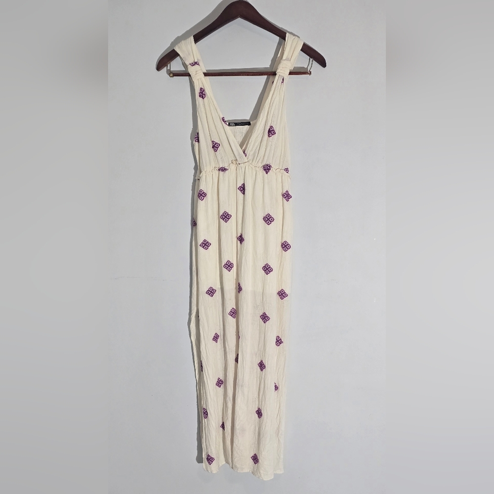 Zara Cream Maxi Dress with Purple Accents